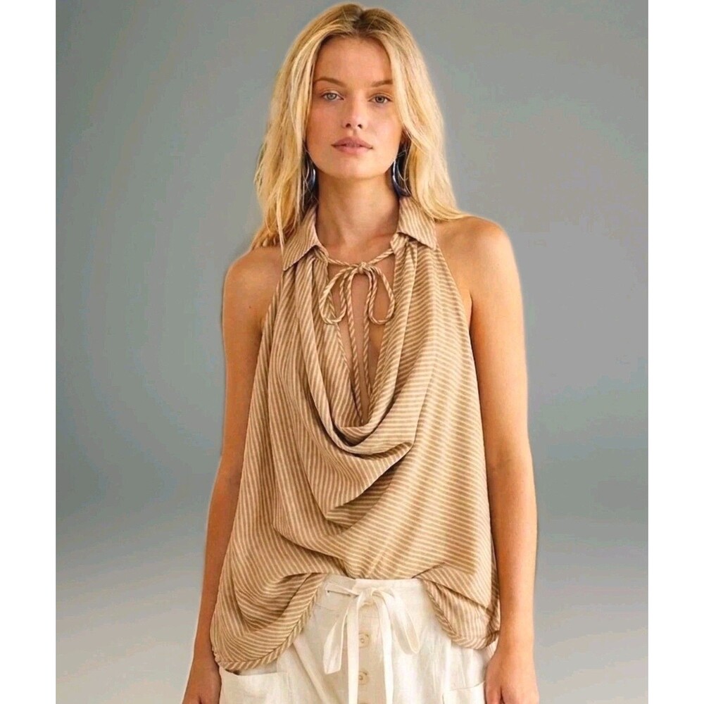 Free People Boho Striped Halter Top L Tan Neutral Cowl Neck Tie Front Coastal